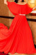 Tangerine Red Casual Elegant Solid Patchwork Fold Off the Shoulder Dresses