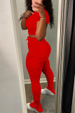 Red Fashion Casual Solid Basic O Neck Short Sleeve Two Pieces