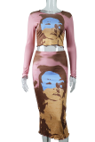 Pink Fashion Print Patchwork O Neck Long Sleeve Two Pieces