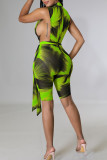 Yellow Sexy Print Patchwork Zipper Collar Skinny Rompers