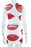 White Sexy Lips Printed Patchwork O Neck Sleeveless Two Pieces