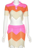 Orange Sexy Striped Print Hollowed Out Patchwork Asymmetrical Turndown Collar Short Sleeve Two Pieces