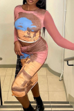 Pink Fashion Print Patchwork O Neck Long Sleeve Two Pieces
