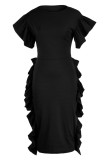 Black Elegant Solid Patchwork Flounce Fold O Neck One Step Skirt Dresses