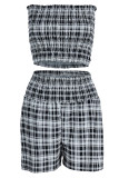 Blue Casual Plaid Print Patchwork Strapless Sleeveless Two Pieces