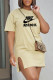 Khaki Fashion Casual Print Letter O Neck One Step Skirt Dresses