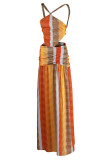 Orange Sexy Print Split Joint Backless Straight Dresses