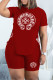 Burgundy Fashion Casual Print Bandage O Neck Short Sleeve Two Pieces
