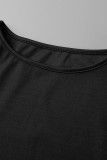 Black Elegant Solid Patchwork Flounce Fold O Neck One Step Skirt Dresses