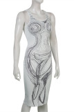White Fashion Sexy Print Basic O Neck Vest Dress Dresses