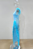 Sky Blue Fashion Sexy Patchwork Sequins Feathers Slit V Neck Evening Dress Dresses