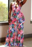Pink Fashion Print Patchwork Halter Boot Cut Jumpsuits