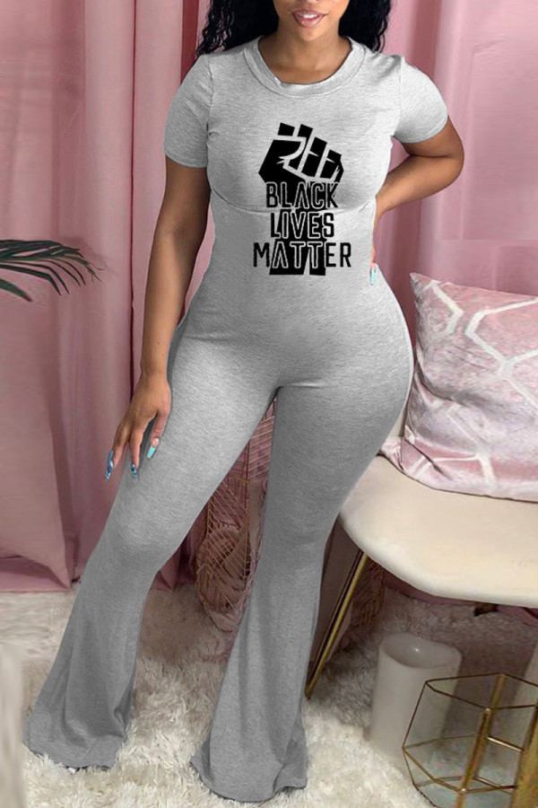 Black Gray Fashion Casual Print Basic O Neck Skinny Jumpsuits