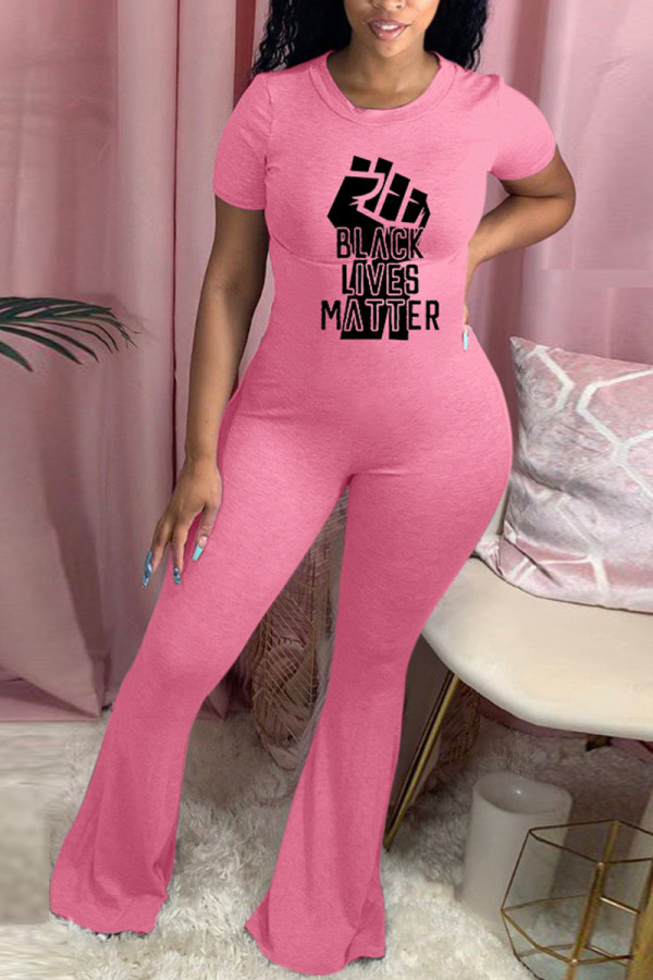 Black Pink Fashion Casual Print Basic O Neck Skinny Jumpsuits