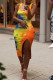 Yellow Fashion Casual Tie Dye Letter Spaghetti Strap One Step Skirt Dresses