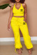 Yellow Fashion Casual Print Patchwork V Neck Sleeveless Two Pieces