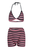 Pink Fashion Striped Patchwork Spaghetti Strap Sleeveless Two Pieces