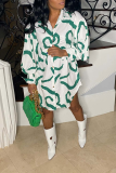 Green Casual Print Patchwork Turndown Collar Shirt Dress Dresses