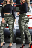 Army Green Fashion Casual Camouflage Print Basic Skinny High Waist Pencil Trousers