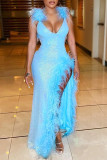 Sky Blue Fashion Sexy Patchwork Sequins Feathers Slit V Neck Evening Dress Dresses