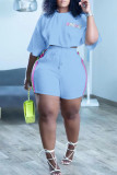 Light Blue Casual Print Patchwork O Neck Short Sleeve Two Pieces