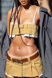 Khaki Fashion Sexy Solid Patchwork Backless Strapless Sleeveless Two Pieces