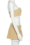 Khaki Fashion Sexy Solid Patchwork Backless Strapless Sleeveless Two Pieces