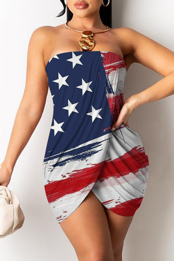 Blue Red Fashion Sexy Print Patchwork Backless Strapless Sleeveless Dress