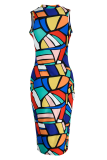 Multicolor Sexy Print Patchwork O Neck Pencil Skirt Dresses