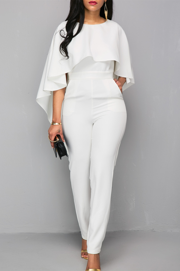 White Fashion Casual Solid Patchwork O Neck Regular Jumpsuits