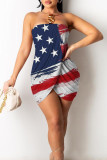 Red Blue Fashion Sexy Print Patchwork Backless Strapless Sleeveless Dress