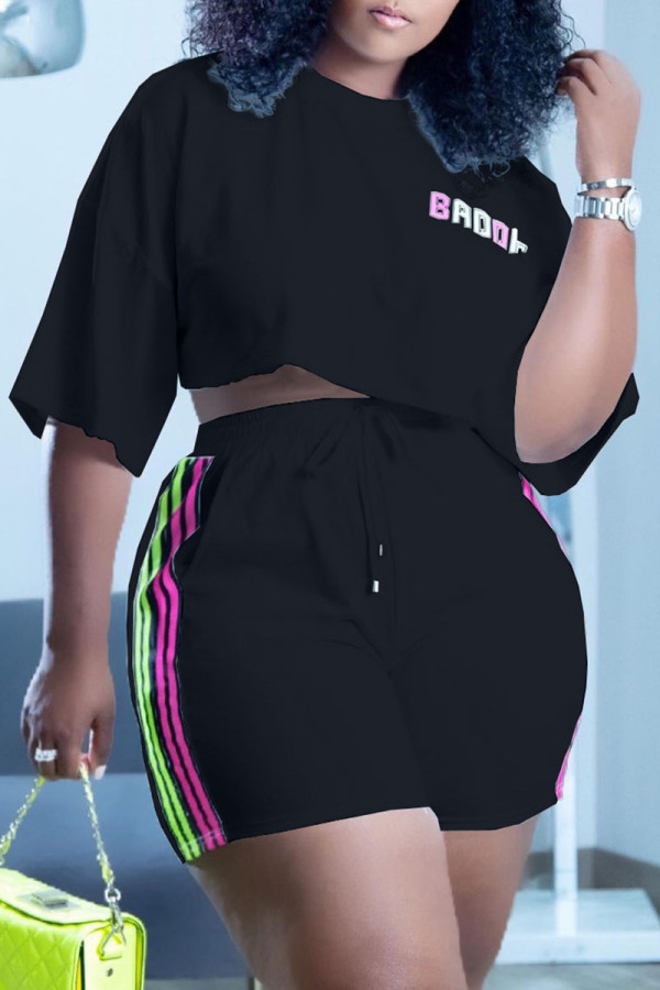 Black Casual Print Patchwork O Neck Short Sleeve Two Pieces