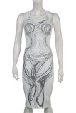 White Fashion Sexy Print Basic O Neck Vest Dress Dresses
