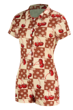 Red Sexy Print Patchwork Turndown Collar Skinny Rompers