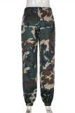 Army Green Fashion Casual Camouflage Print Basic Regular High Waist Trousers
