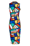 Multicolor Sexy Print Patchwork O Neck Pencil Skirt Dresses