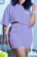 Purple Casual Print Patchwork O Neck Short Sleeve Two Pieces
