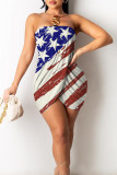 Red Blue Fashion Sexy Print Patchwork Backless Strapless Sleeveless Dress