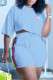 Light Blue Casual Print Patchwork O Neck Short Sleeve Two Pieces
