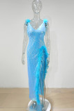 Sky Blue Fashion Sexy Patchwork Sequins Feathers Slit V Neck Evening Dress Dresses
