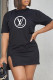 Black Fashion Casual Print Letter O Neck One Step Skirt Dresses