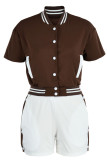 Red Casual Patchwork Pocket Cardigan Collar Short Sleeve Two Pieces
