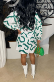 Green Casual Print Patchwork Turndown Collar Shirt Dress Dresses