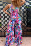 Pink Fashion Print Patchwork Halter Boot Cut Jumpsuits