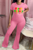 Pink Fashion Casual Letter Print Basic O Neck Skinny Jumpsuits