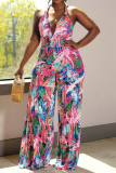 Pink Fashion Print Patchwork Halter Boot Cut Jumpsuits