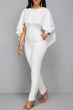 White Fashion Casual Solid Patchwork O Neck Regular Jumpsuits