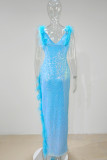 Sky Blue Fashion Sexy Patchwork Sequins Feathers Slit V Neck Evening Dress Dresses