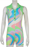 Multicolor Fashion Casual Print Patchwork Turndown Collar Skinny Rompers