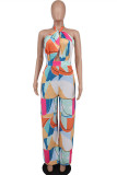 Red Fashion Sexy Print Bandage Hollowed Out Backless Halter Regular Jumpsuits